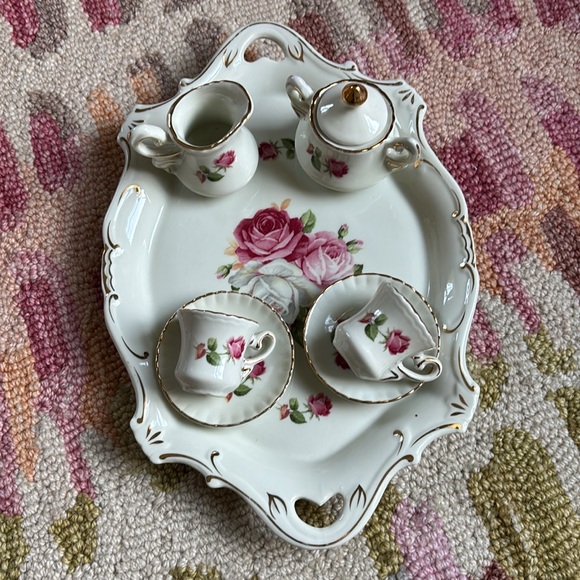8-Pc Vintage Miniature Tea Set- platter, 2 tea cups, 2 saucers, sugar, creamer - Picture 9 of 16